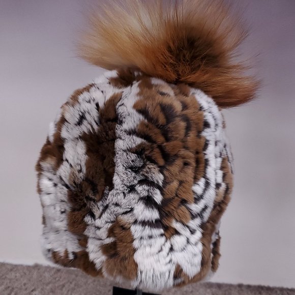 SALE Gray and Copper Knitted Rex Rabbit Fur Beanie with Fox Pom - Picture 2 of 2